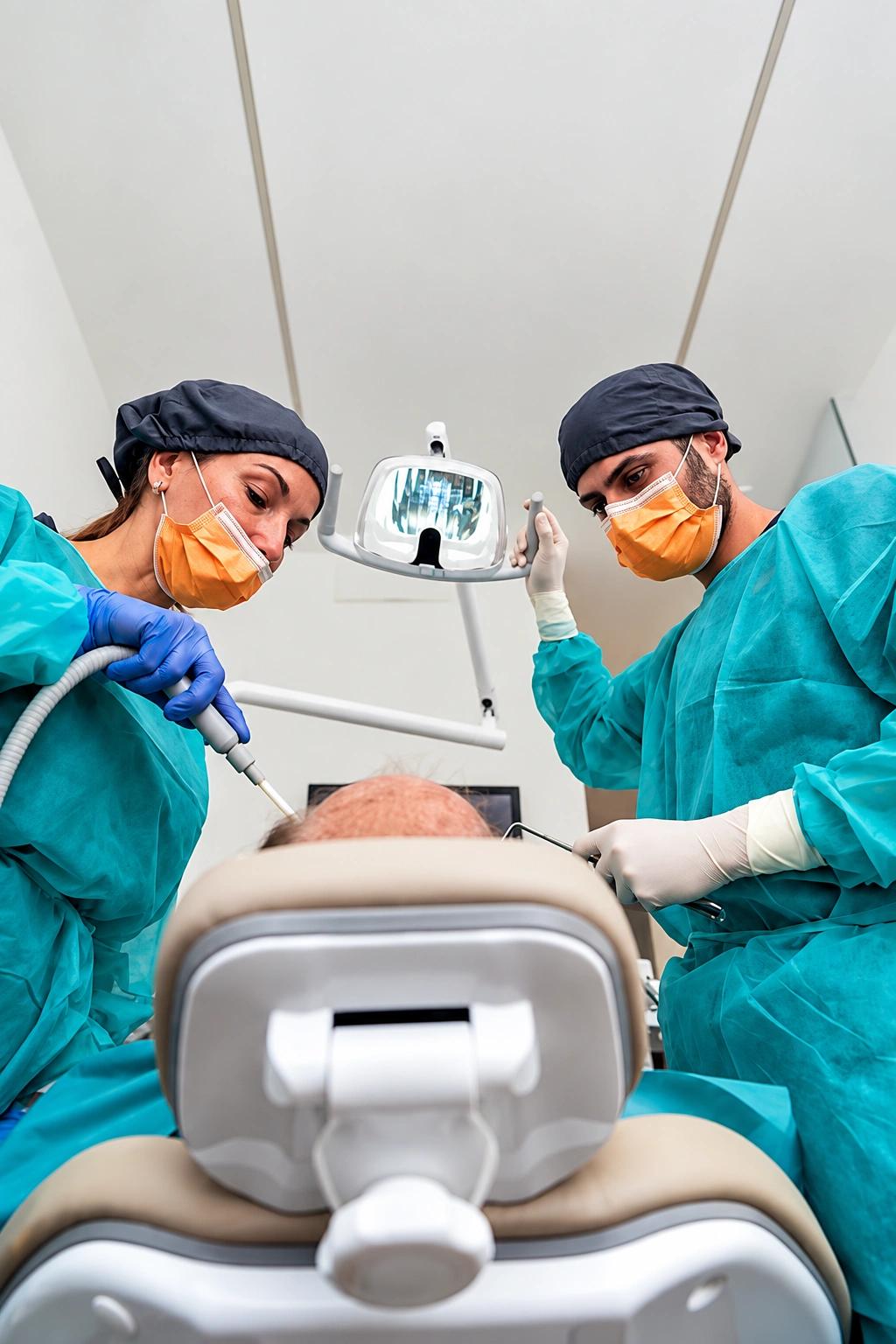 Dentist performing a dental procedure under operatory light at Ilaj Dental Care
